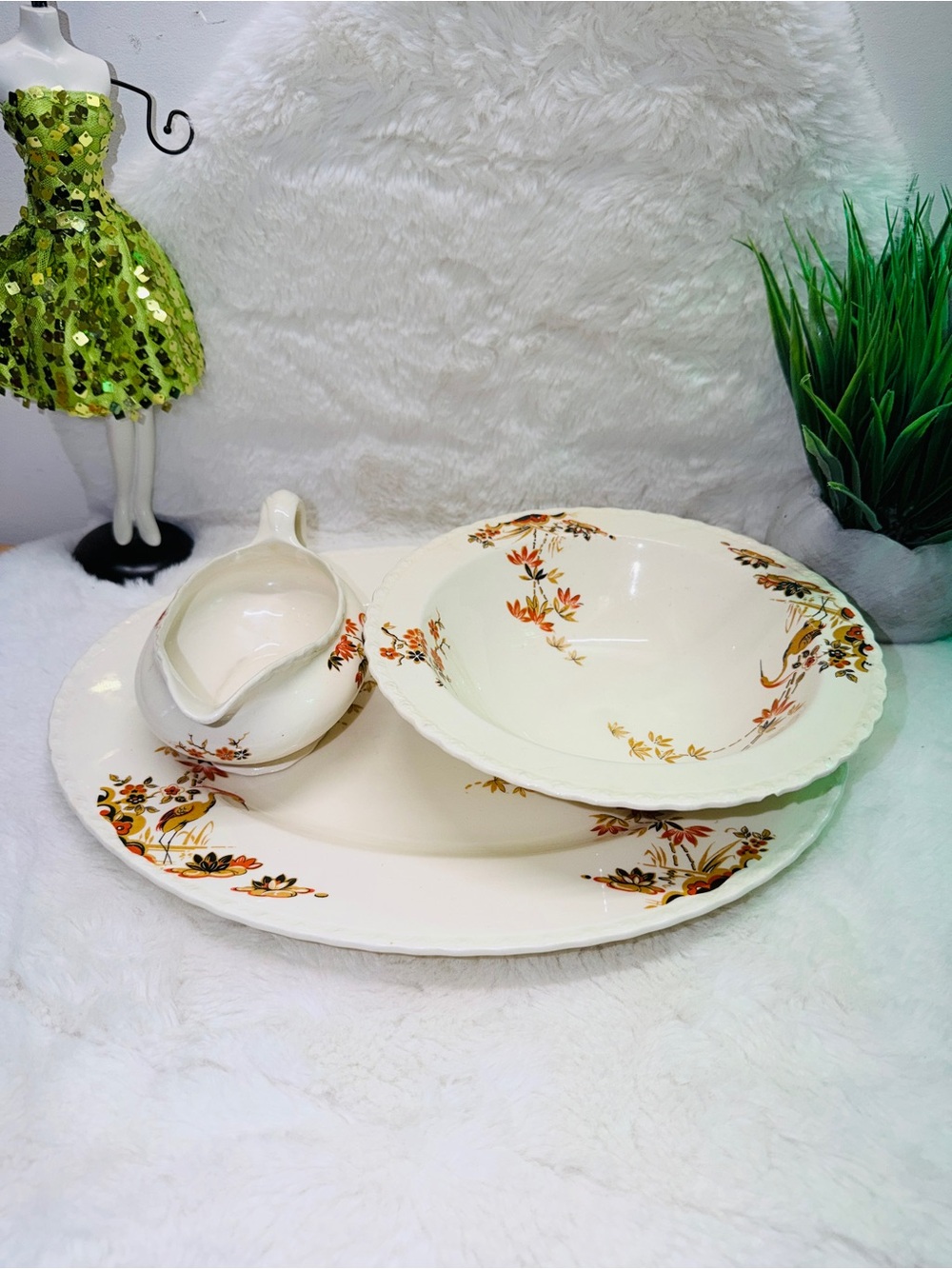 Vintage Floral Ivory Serving Set - 3-Piece Bowl, Platter & Gravy Boat 🦃